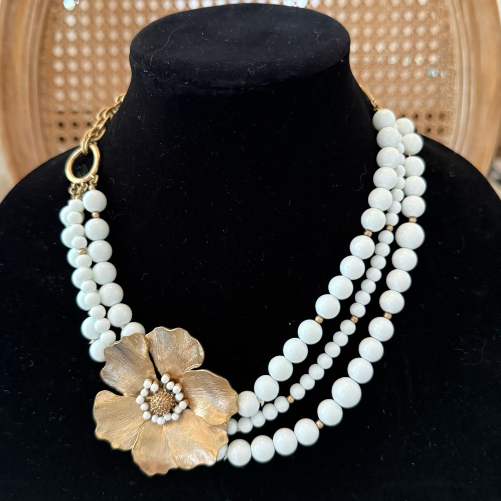 Gold tone Floral Multi-Strand White Bead Necklace